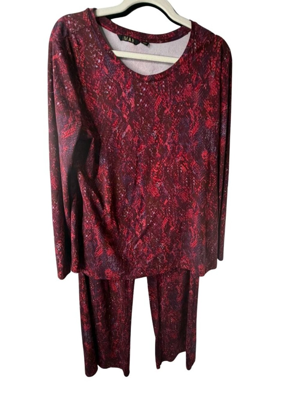 IMAN Global Chic Red Snake Print Lounge Set Top & Pants Size Large QVC